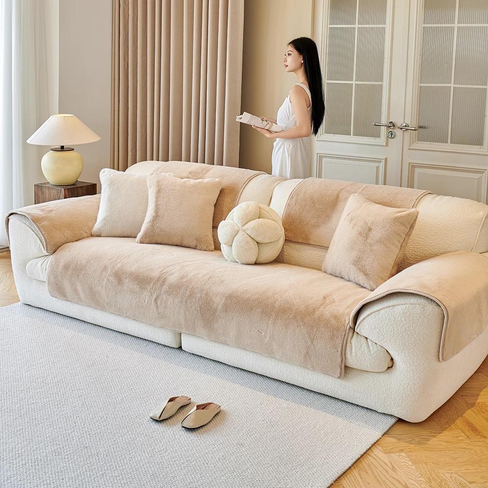 New Imitation Mink Sofa Cushion Light Luxury High Sense Thickened Plush Seat Cushion Winter Non-Slip Leather Sofa Cover