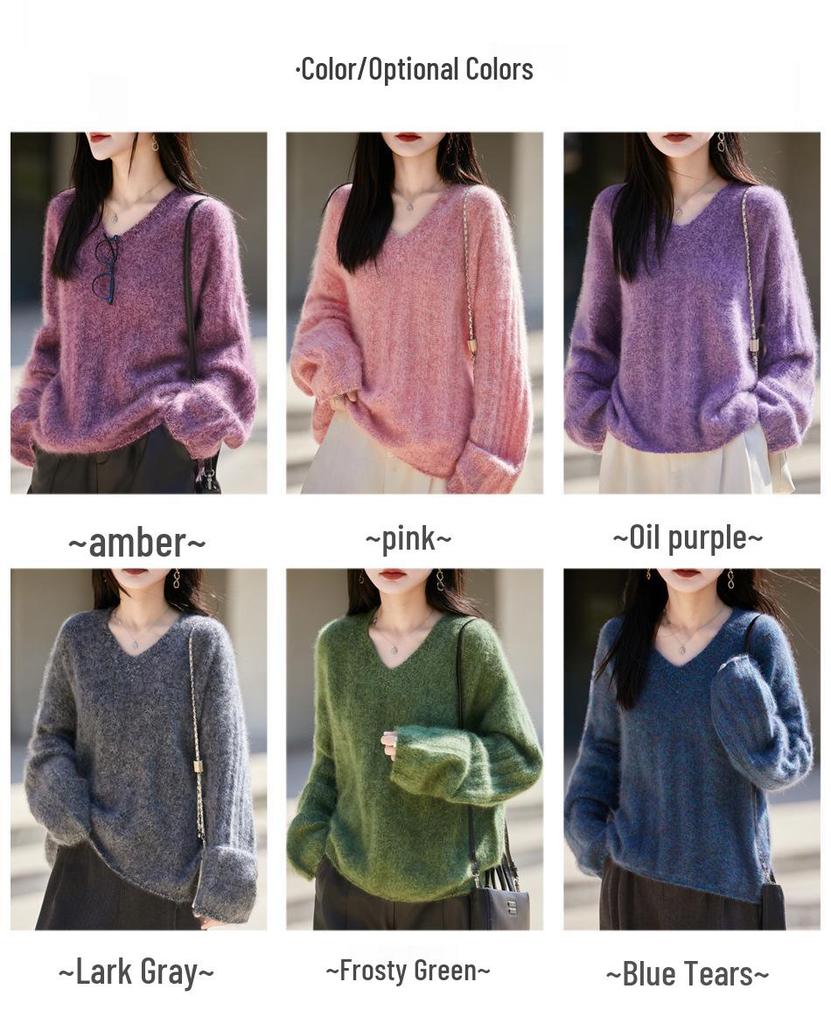 Autumn 2025 Solid V-Neck Brushed Knit Wool Sweater - Loose, Fashionable, Cozy Pullover