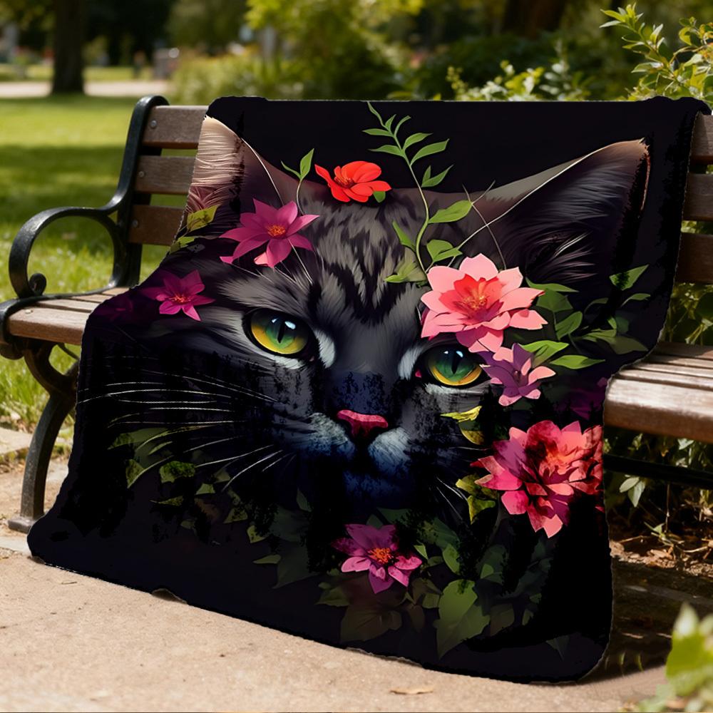 1pc Floral Cat Artwork Outdoor Soft Polyester Flannel Throw Blanket Versatile for All Seasons , Soft , Cozy , Warm All Season Quilted Throw ,