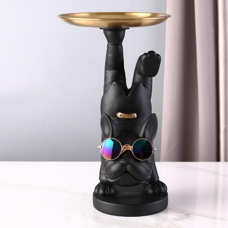 KungFu Bulldog Butler With Tray for Keys Jewelry Stock Storage Nordic Home Decor Dog Statues Resin Sculpture Desk Decoration