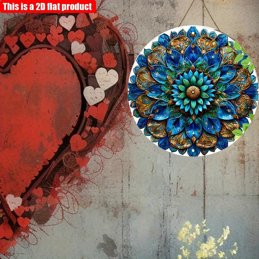 2D Flat 20*20cm1pc Vintage Blue Mandala with Leaf Patterns Wall Art Round Signage, Bright Symmetry Blue Flowers Theme Wooden Pendant, Applicable  Bar