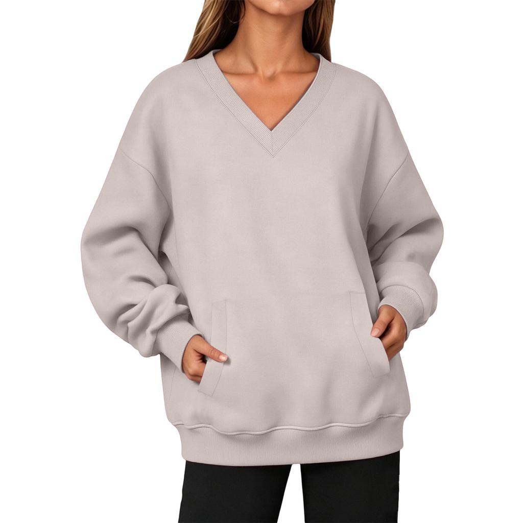 Damen V-Ausschnitt Langarm Pullover Sweatshirt mit Tasche für Herbst und Winter