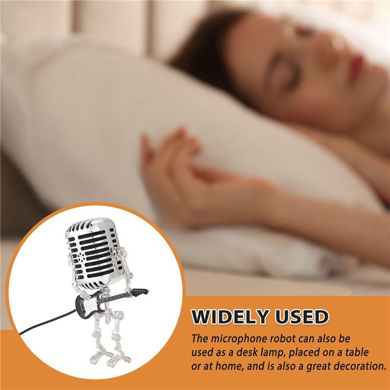 Premium-Mic Robot,Retro Style Microphone Robot Table Lamp,Holding Guitare Night Light,Vintage Microphone Robot Desk Lamp