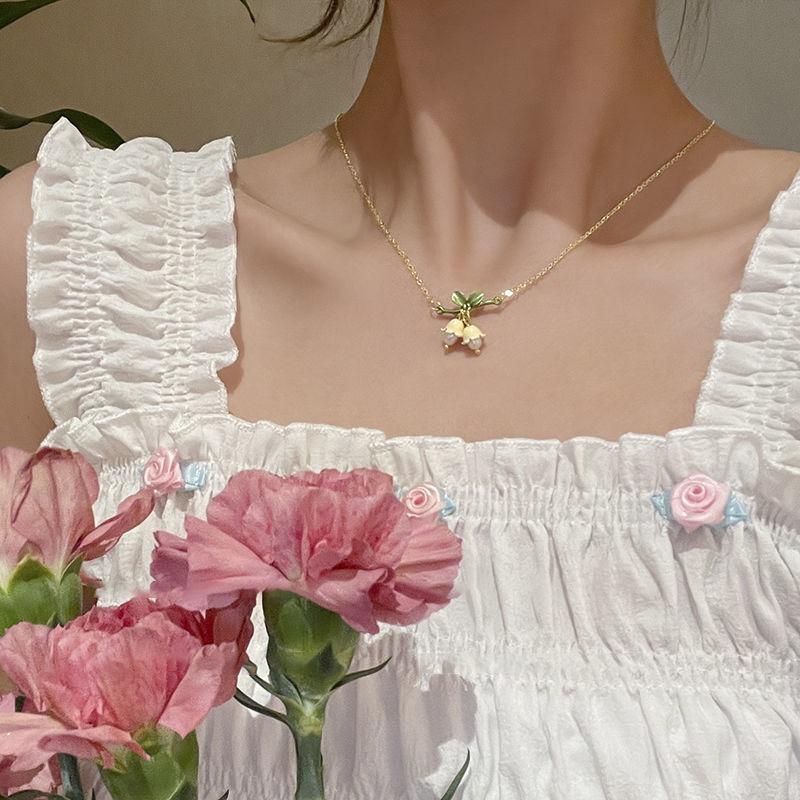 White Lily of the Valley Earrings + Bracelet + Necklace~ Super Fairy Spring New Earrings Girl Clavicle Chain Ear Clips