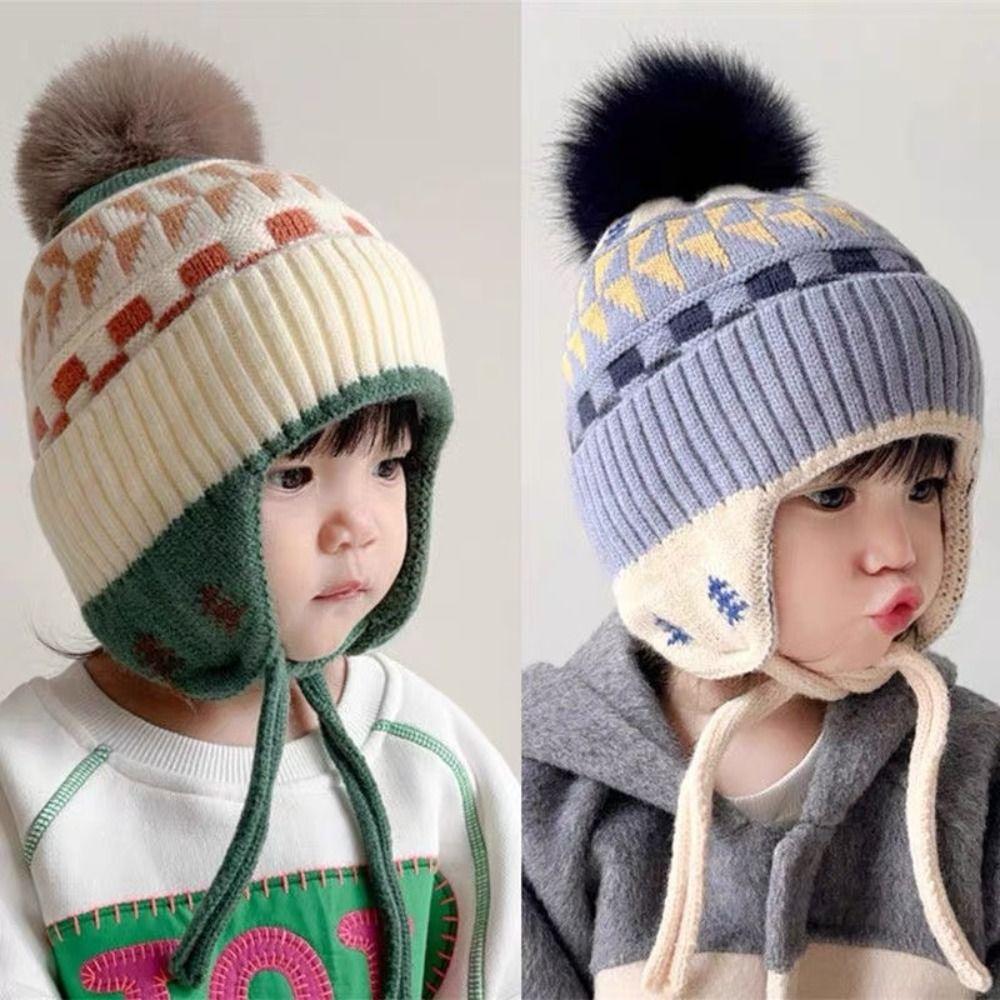 Jacquard Baby Knitted Hat Hairball Kids Earmuffs Cap Fashion Children Beanies Cap  Windproof