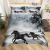 Galloping Horse Duvet Cover Set Western Cowboy Farm Animal Bedding Set,Bamboo Mountain Ink Painting Firforest Folk Style Bed Set