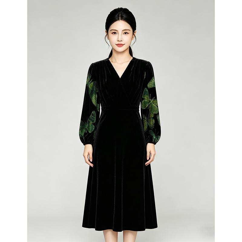 V-neck Velvet Waist Cinched Dress