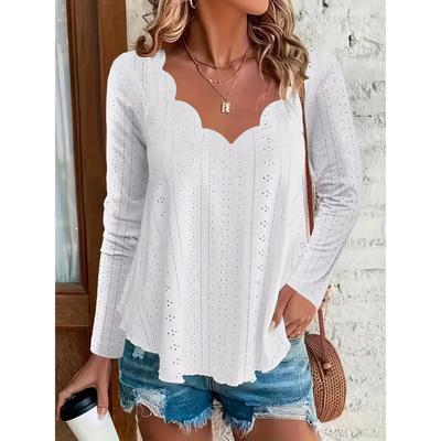 Scallop Trim V Neck T-Shirt, Casual Solid Color Lettuce Trim Eyelet Long Sleeve Top For Spring & Fall, Women's Clothing