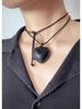 Retro Black Leather Heart Pendant Necklace - Korean Style
