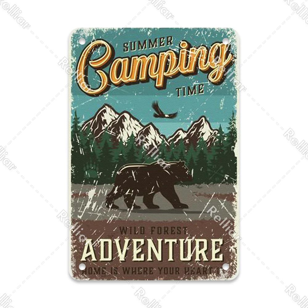 Retro Happy Camper Dekoracyjny Talerz Przygoda na Zewnątrz Metalowy Znak Blaszany Symbol Dzikiej Przyrody Ornament Plakat Dekoracja Domowego Baru Klubu Tablica