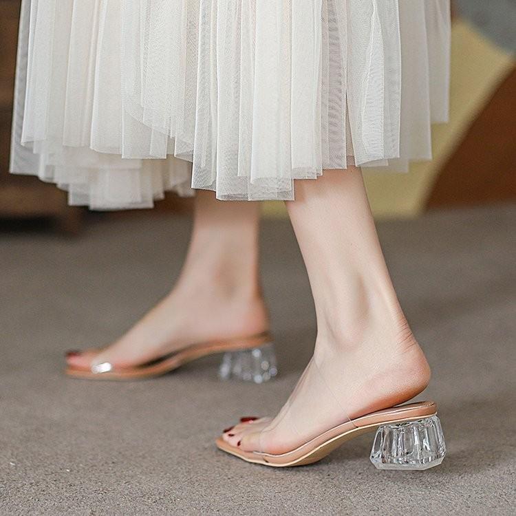Transparent Sandals Women's Summer Outer Wear 2025 New Medium Heel Thick Heel Crystal Transparent High Heels One-word Belt Sandals Women's Shoes