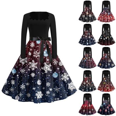 Kadın Modası Rahat Kare Yaka İnce Noel Baskılı Uzun Kollu Elbiseler