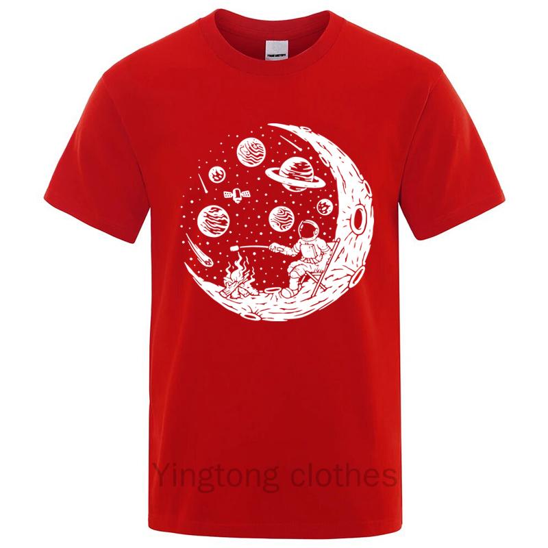Men's T-shirt High Quality Cotton Blend Funny Astronaut Moon Barbecue Print Casual Loose Cool Men O-neck T-shirt Tee Tops