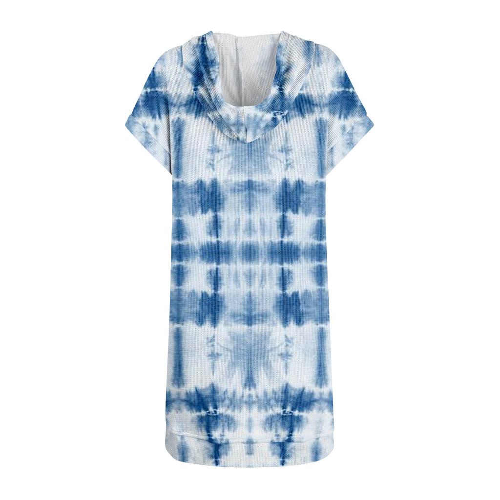 Women's Loose Shirts Printed Short Sleeve Drawstring Hoodies Knit Side Slit Tunic Hooded Tops With Pocket
