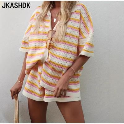 Women's Fashion Casual Summer Spring Stripe Print Short Sleeve POLO Neck Trousers Pants Suits