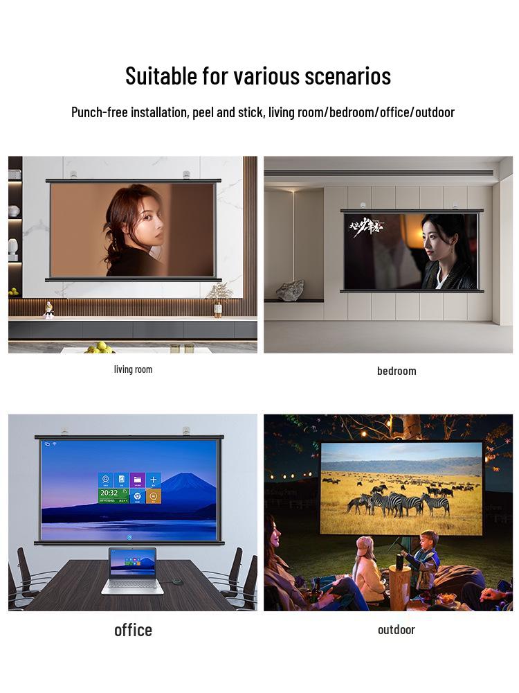 Anti-Light Wall-Mounted Projector Screen for Home Theater, Punch-Free, HD Projection Cloth, Available In 72'', 84'', 100'' Sizes