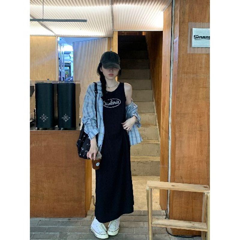 

Kumikumi Комплект в стиле Idle для женщин, Ретро, Свободные клетчатые рубашки, Верхняя одежда, Многослойный жилет, Платье, Комплект из двух предметов Dark blue Dress One size