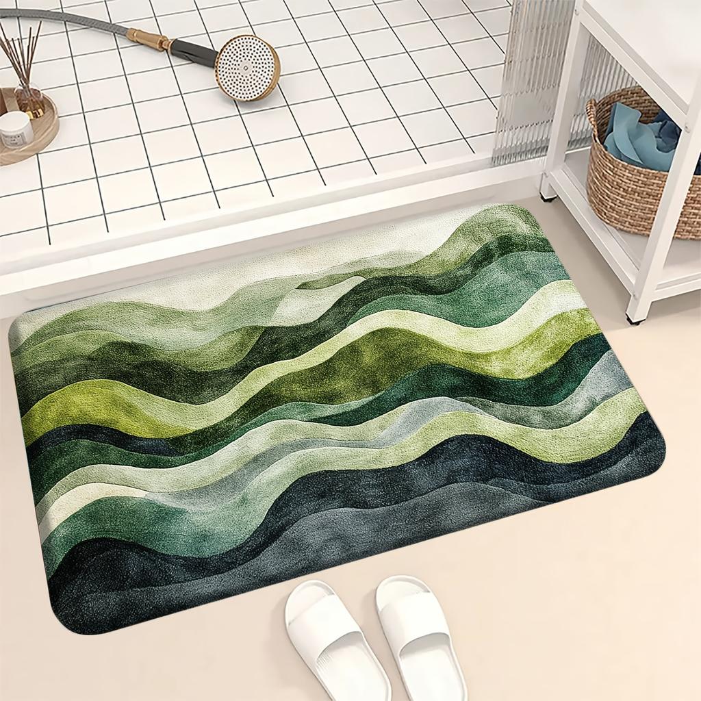 Green Gray Corrugated Print Bath Mat, Non-Slip Rug, Dual-Tone Decor for Bathroom, Kitchen, Entryway, Housewarming Gift