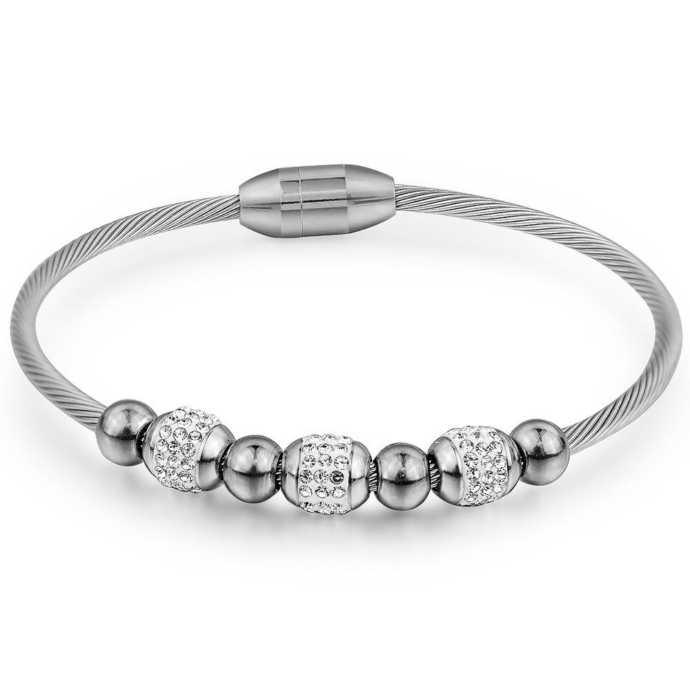 18K Gold Stainless Steel Bracelet with 3MM Magnetic Clasp and Diamond-Paved Cable Wire Design for Women