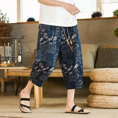 Men Summer Loose Casual Harajuku Y2K Printing Cotton Linen Harem Shorts Male Elastic Waist Streetwear Fashion Pants