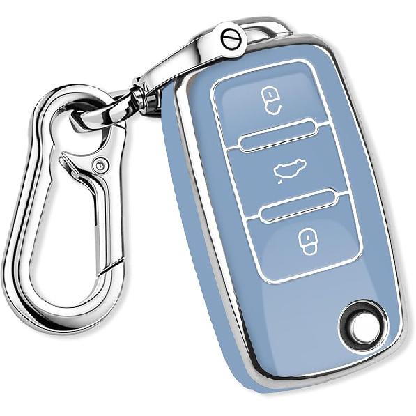 QBUC for VW Key Fob Cover with Keychain Silver Trim Soft TPU Compatible with Volkswagen Jetta Beetle Santana Scirocco Eos Tiguan Touran Polo MK5