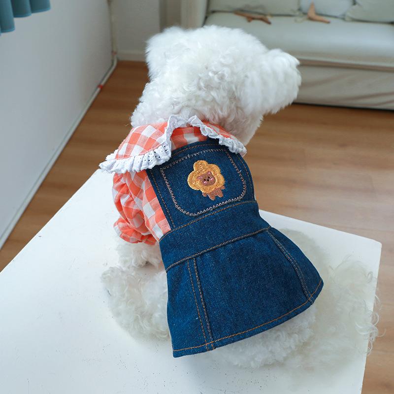 Pet circle dog cat clothes pocket skirt collection denim flower medium and small dog small red flower strap dress