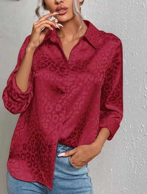 Women's Long Sleeve Blouse Turn Down Collar Elegant Leopard Print Shirt