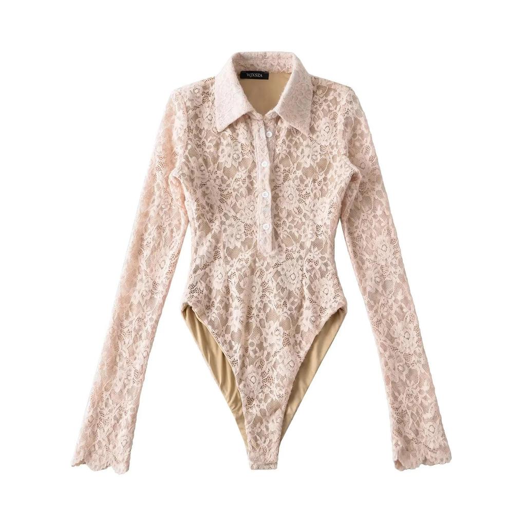 European Fashion Crochet Lace Lapel Bodysuit