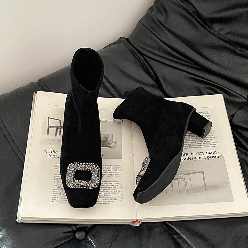 Fashion Retro Versatile Rhinestone Square Buckle Square Head Suede Women's New Autumn and Winter Thick Heel Heightening Medium Boots
