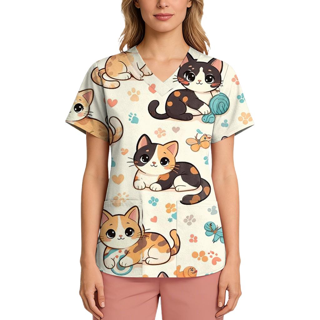 Women's Casual Short-Sleeve Cute Animal Print V-Neck Pocket Workwear Top