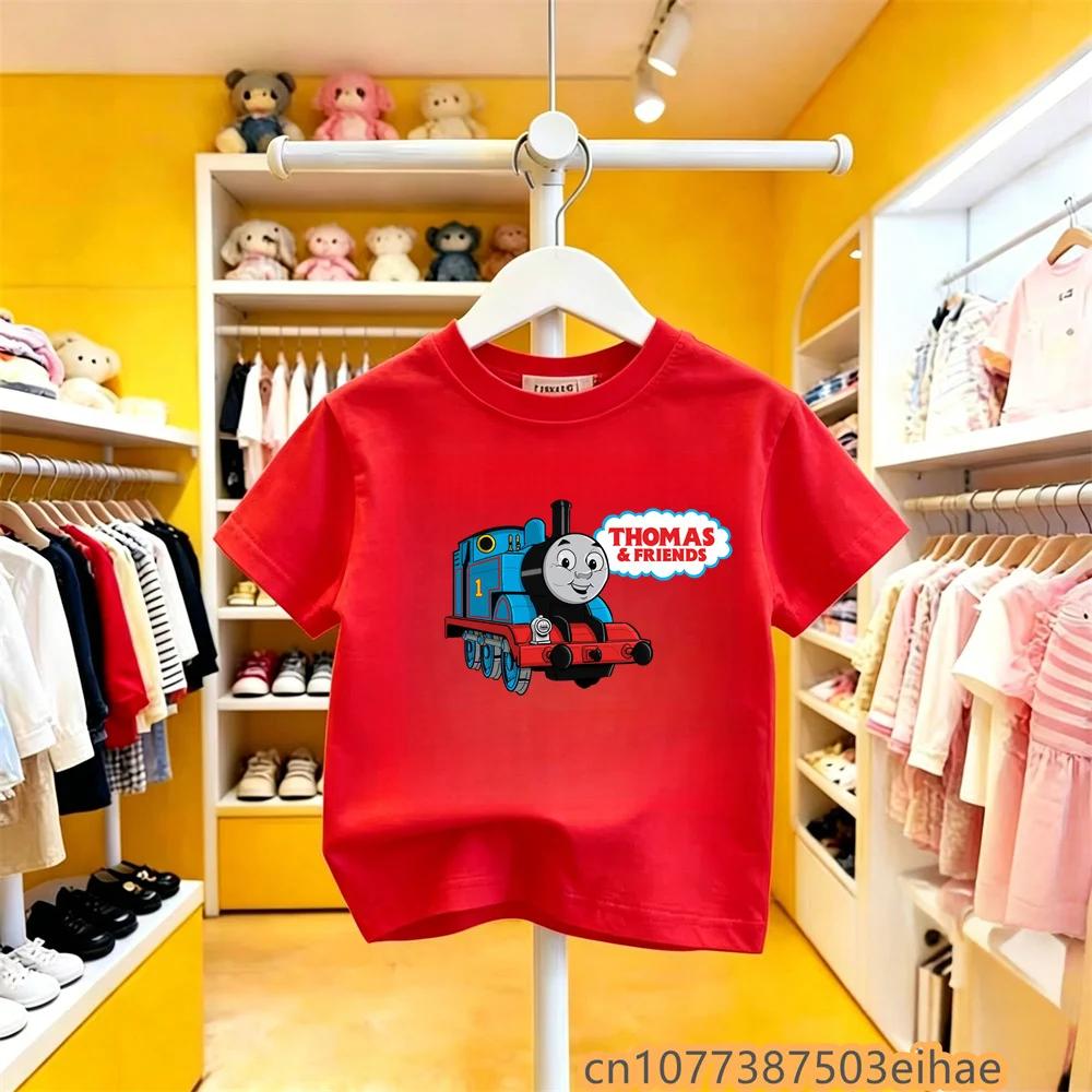 Summer Children Short Sleeve Tshirt Thomas Train Cartoon Print Pure Cotton Y2K Trendy Fun Top Breathable Daily Outdoor Outfit