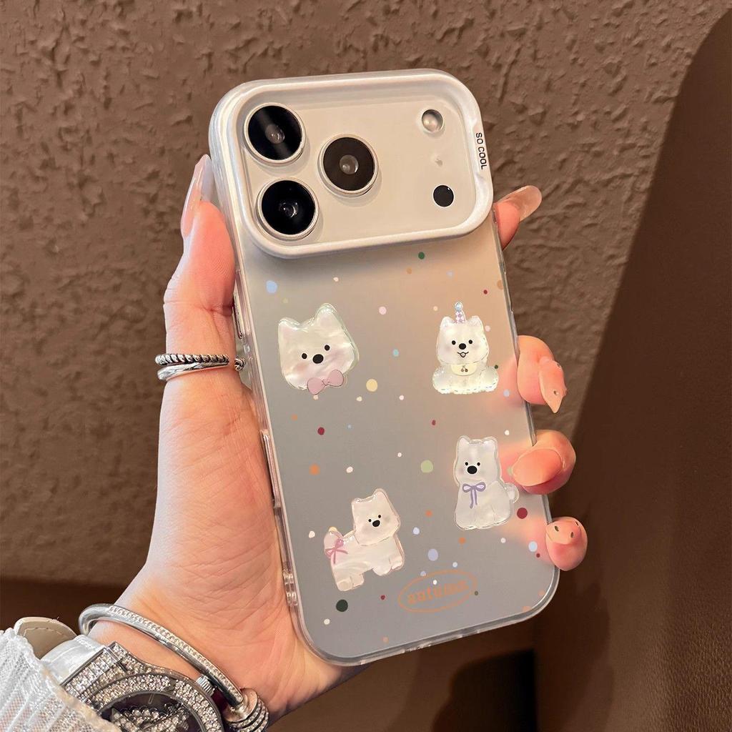 Embossed Polka Dot Westie Cartoon Phone Case: Fits Apple 16 Pro Max, Anti-Drop, Cute Niche for 14-17 Models.