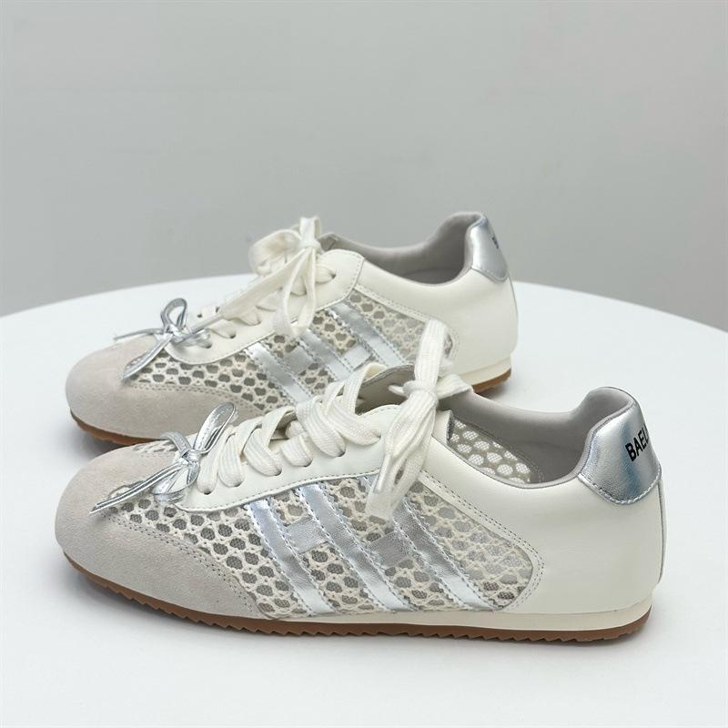 Cowhide version~ retro round head mesh bow lace-up Forrest Gump training shoes women's versatile lace-up sports and leisure shoes