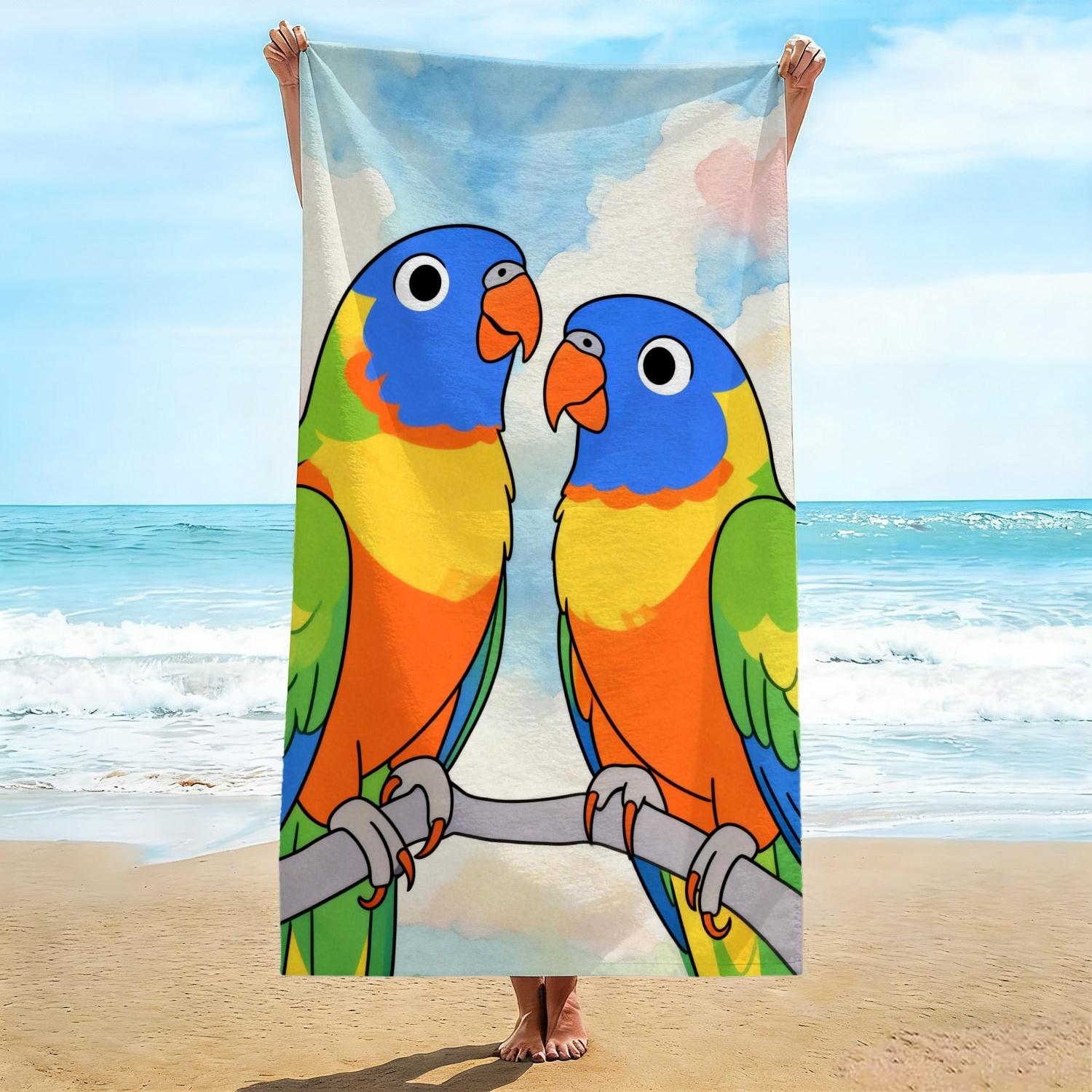 

Cute Parrot Beach Towel, Adorable Cartoon Lorikeet Couple Pattern Bath Towel, Fun Kids & Adult Tropical Vacation Blanket W30*H60(CM)