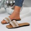 [Foreign Trade] Korean version of rhinestone flat-bottomed slippers, female outer wear, fairy wind-cool slippers, square head open toe one-word drag