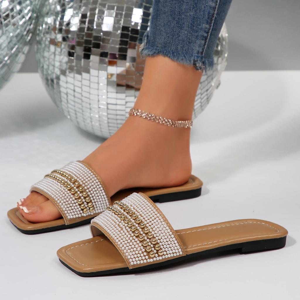 [Foreign Trade] Korean version of rhinestone flat-bottomed slippers, female outer wear, fairy wind-cool slippers, square head open toe one-word drag