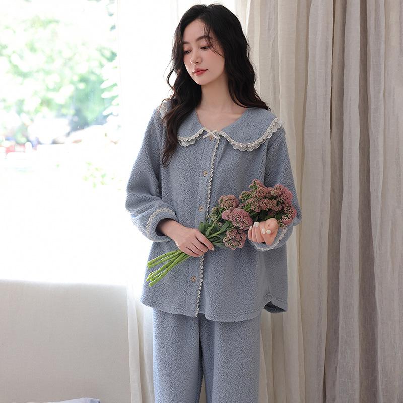 Coral Fleece Pajamas Women'S Autumn And Winter Fleece Thickened Flannel Cute Winter Loungewear Set