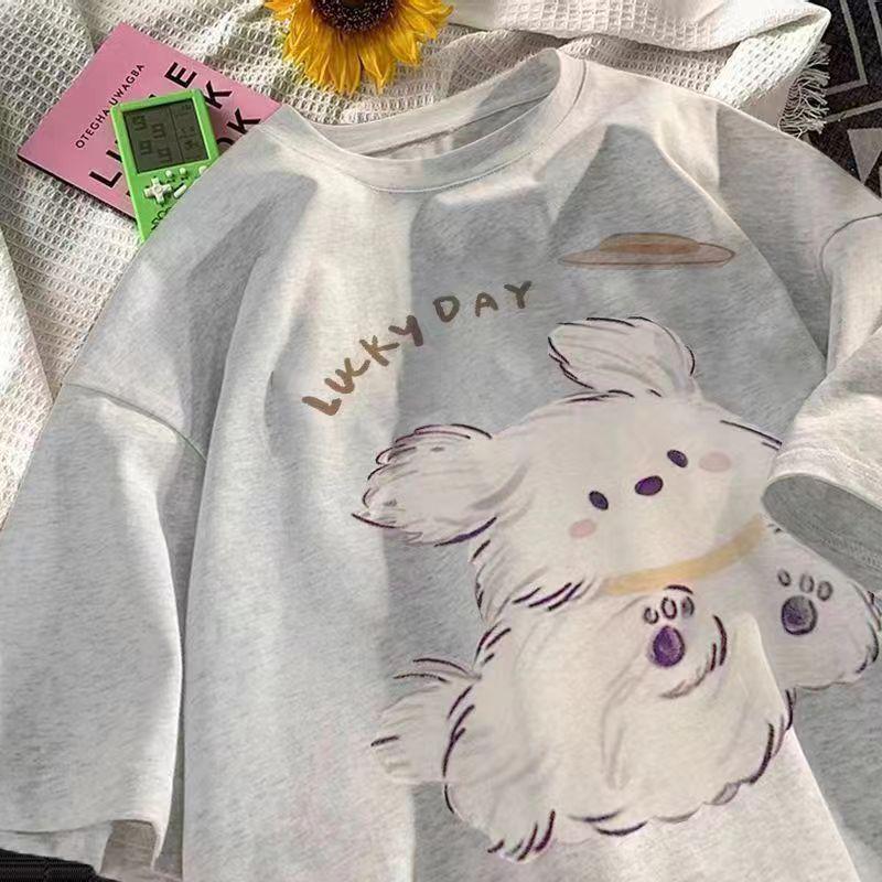 

100% Хлопок Шикарная Мультяшная Принт Кролика Абрикосовая Свободная Женская Летняя Футболка с Коротким Рукавом M for up to 100 lbs