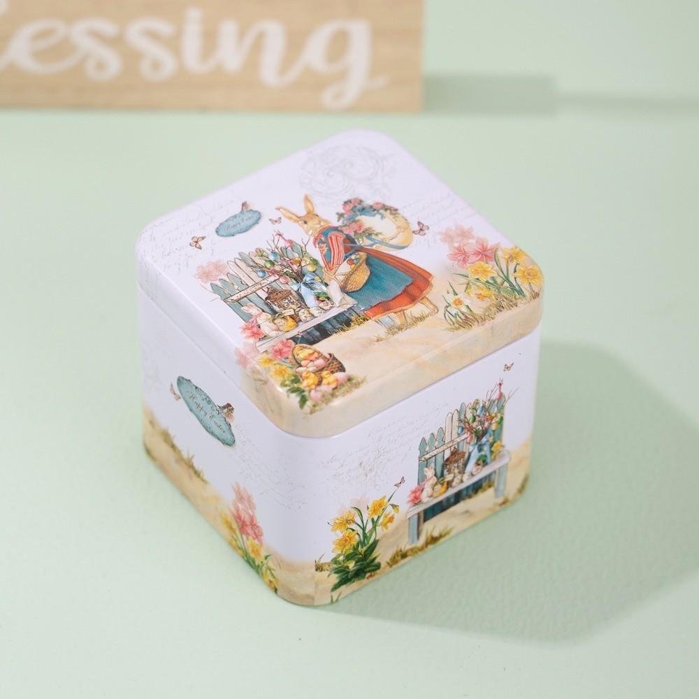 Iron Material Easter Gifts Box Square Shape Rabbit Tin Storage Box  Candy Storage