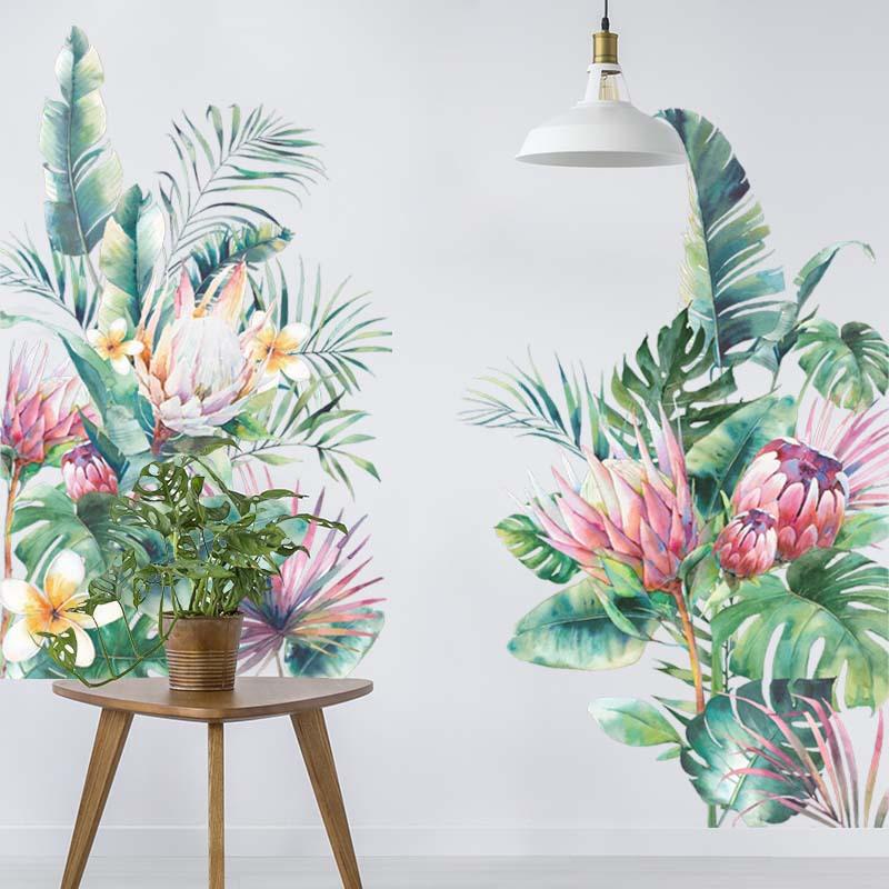 Tropical Green Leaves and Floral Wall Sticker Self-Adhesive Removable for Living Room Entryway Home Decor