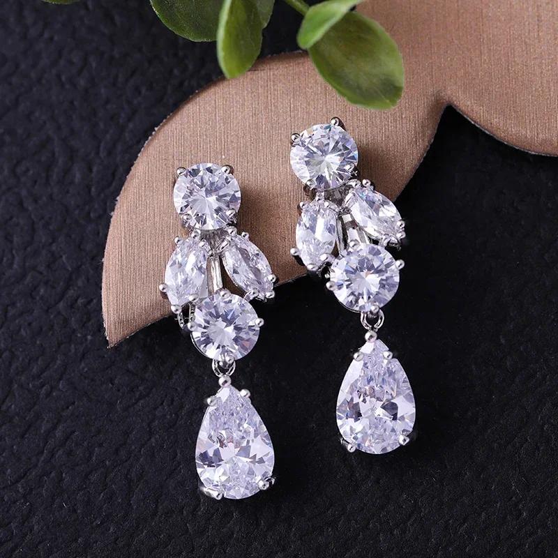 Huitan Copper Color Dangle Earrings Bridal Wedding Accessories AAA Brilliant CZ Delicate Women's Drop Fashion Zircon