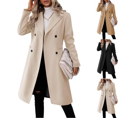 Women's Casual And Stylish Long Solid Color Wool Coat With Double-breasted Lapel