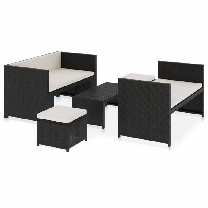 Salon de jardin 5 pièces avec coussins - Noir - 130 x 70 x70 cm