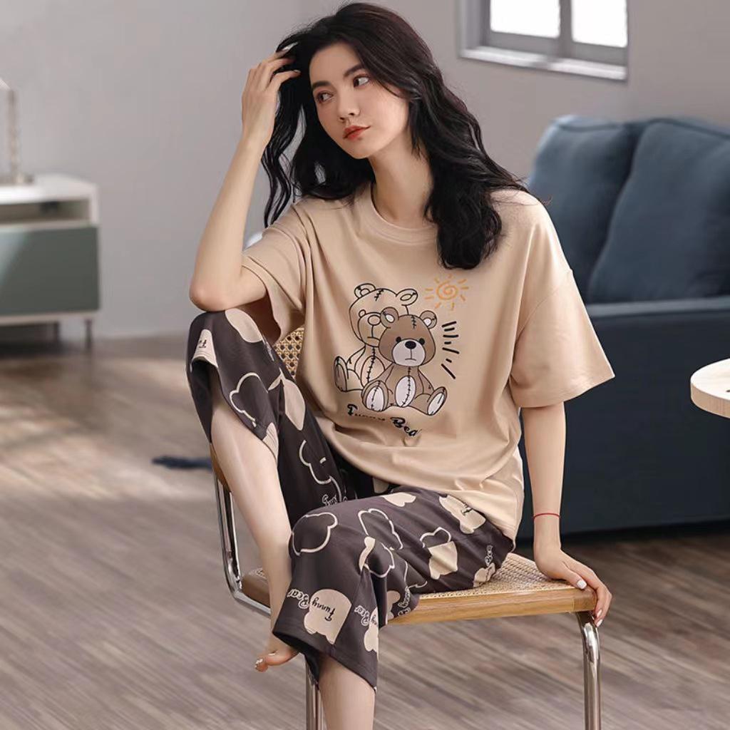 Women's Summer Korean Cartoon Pajama Set - Short-Sleeved Top with Seven-Point Pants