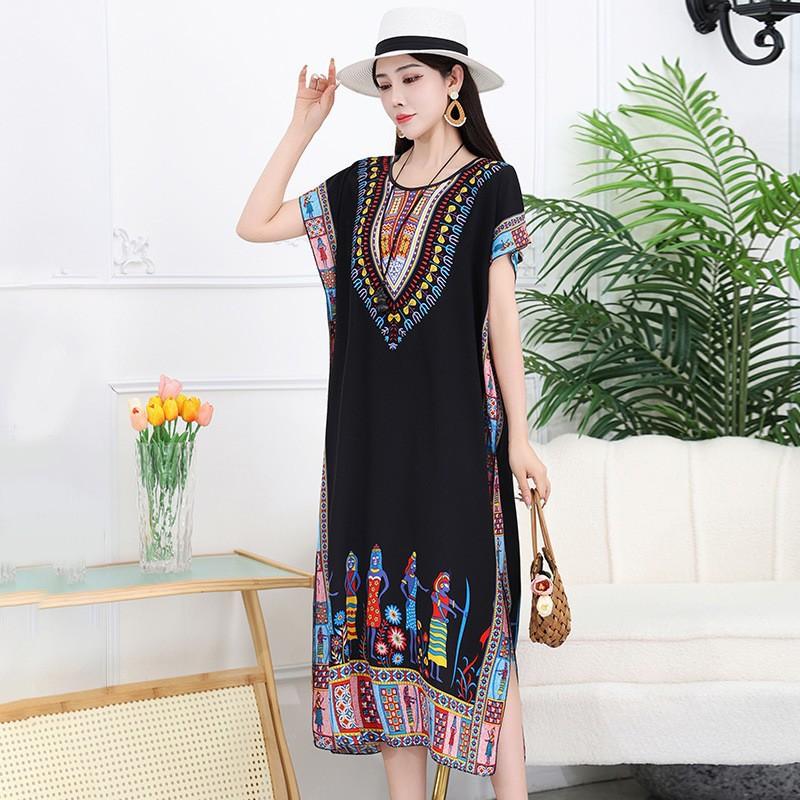 Thai Dress Medium and Long Loose Casual Large Size Meat-covered Seaside Beach Cotton Silk Dress