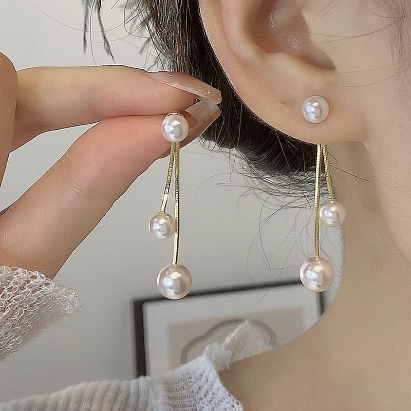 

2024 New Style Pearl Earrings Women s Fashionable South Korea 925 Silver Needle Long Tassel Ear Studs Internet-Famous Versatile Earrings Pearl silver needle front and back belt