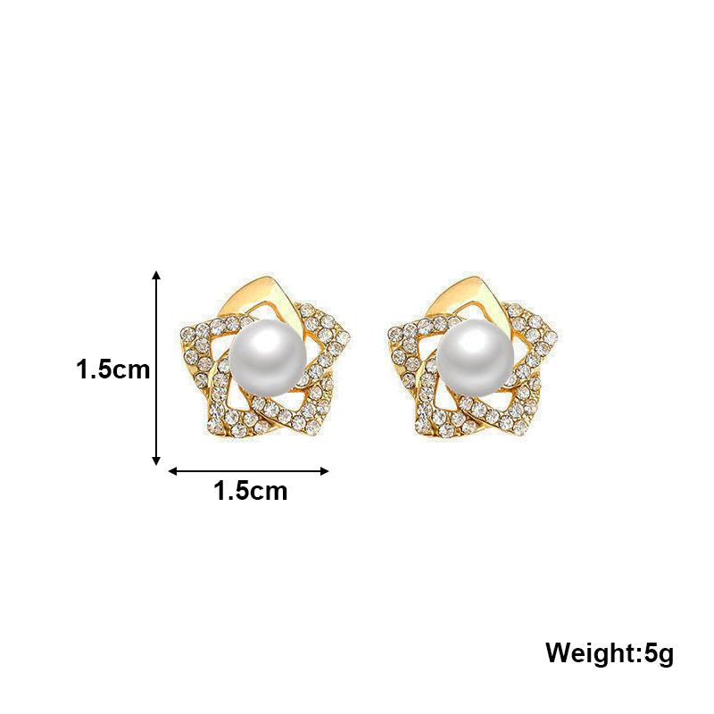 Sweet Big Flower Hollow Imitation Pearl Crystal Stud Earrings for Women Temperament Korean Design Jewelry