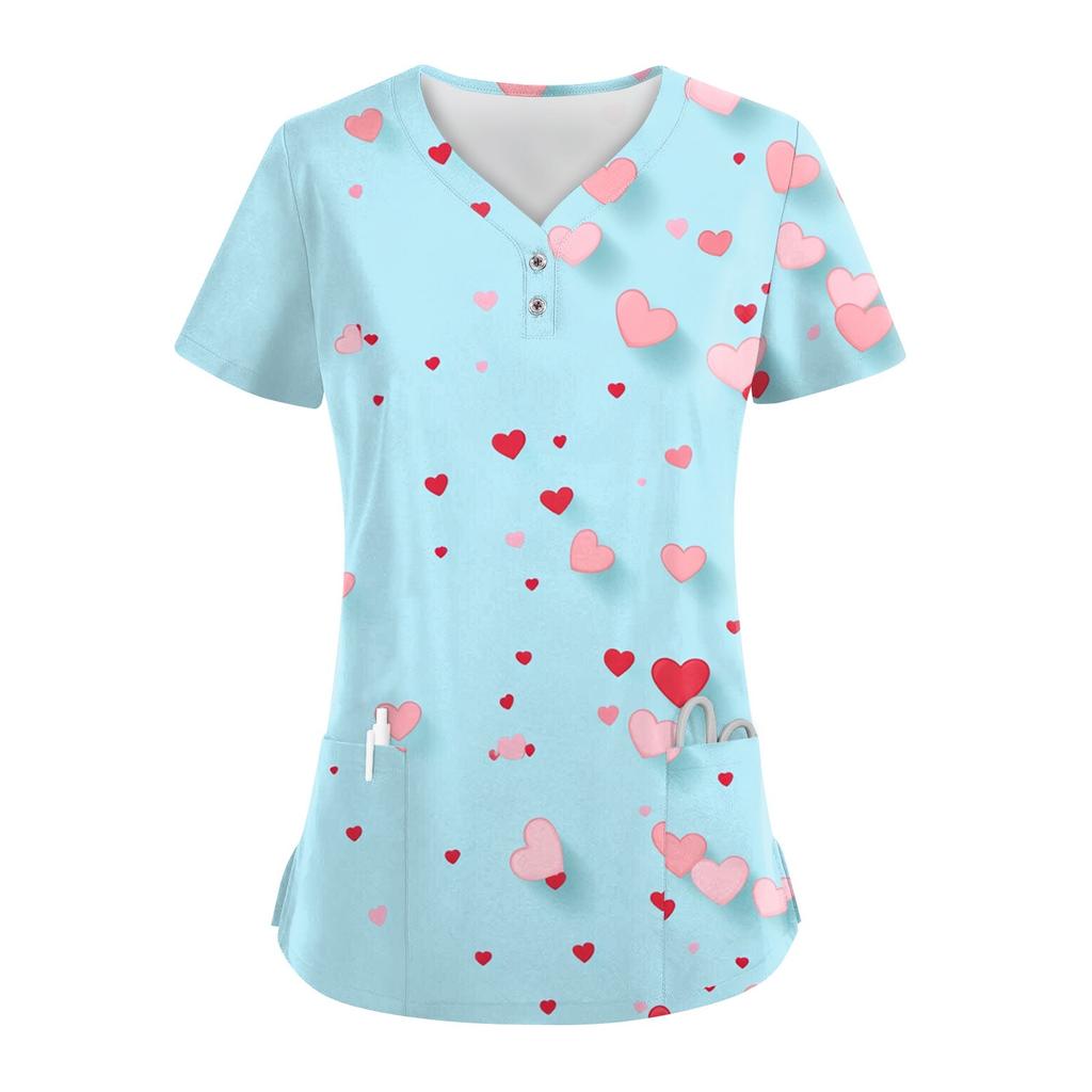 Damen-Oberteil mit Knopfleiste und V-Ausschnitt, modisch, lässig, mit Weihnachts- und Valentinstags-Print, Top für Krankenschwestern, Kasacks für Damen, 2 Taschen