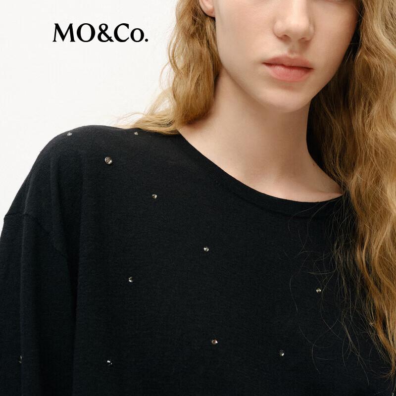 MO&Co. 2025 Spring Loose-Fit Linen Blend Rhinestone Round Neck Knit Top