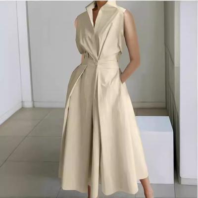 European and American Dresses Summer New Commuter Fashion Solid Color V-neck Women's Button-up Pendulum Dress